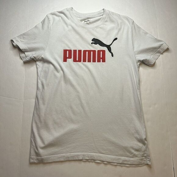 Puma Mens Graphic T-Shirt White Black ESS Logo Crew Neck 100% Cotton Tee S - Picture 1 of 7